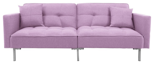 Modern Plush Tufted Linen Fabric Splitback Sleeper Futon, Light Purple