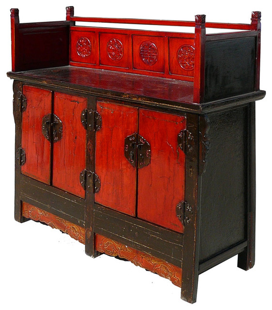 Chinese Black & Red Altar Display Console Cabinet