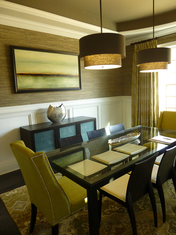 This is an example of a mid-sized contemporary separate dining room in Atlanta with brown walls and dark hardwood floors.
