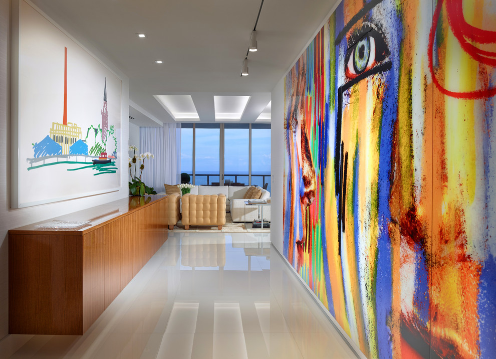 Design ideas for a contemporary hallway in Miami with white walls.