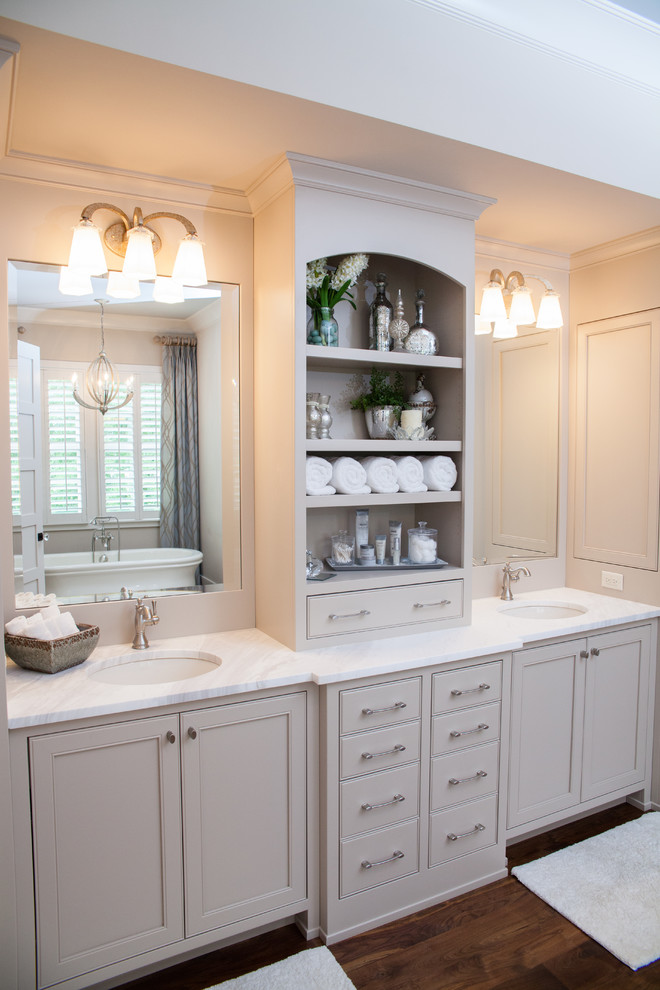 Country bathroom in Atlanta with an undermount sink, recessed-panel cabinets and grey cabinets.