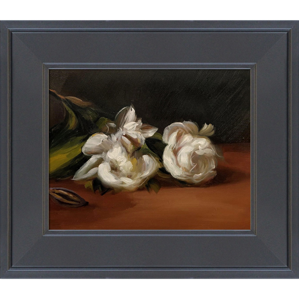 La Pastiche Branch Of White Peonies With Shears with Gallery Black, 12" x 14"