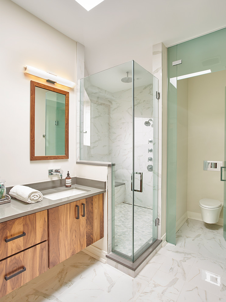 This is an example of a contemporary bathroom in Chicago with a hinged shower door.