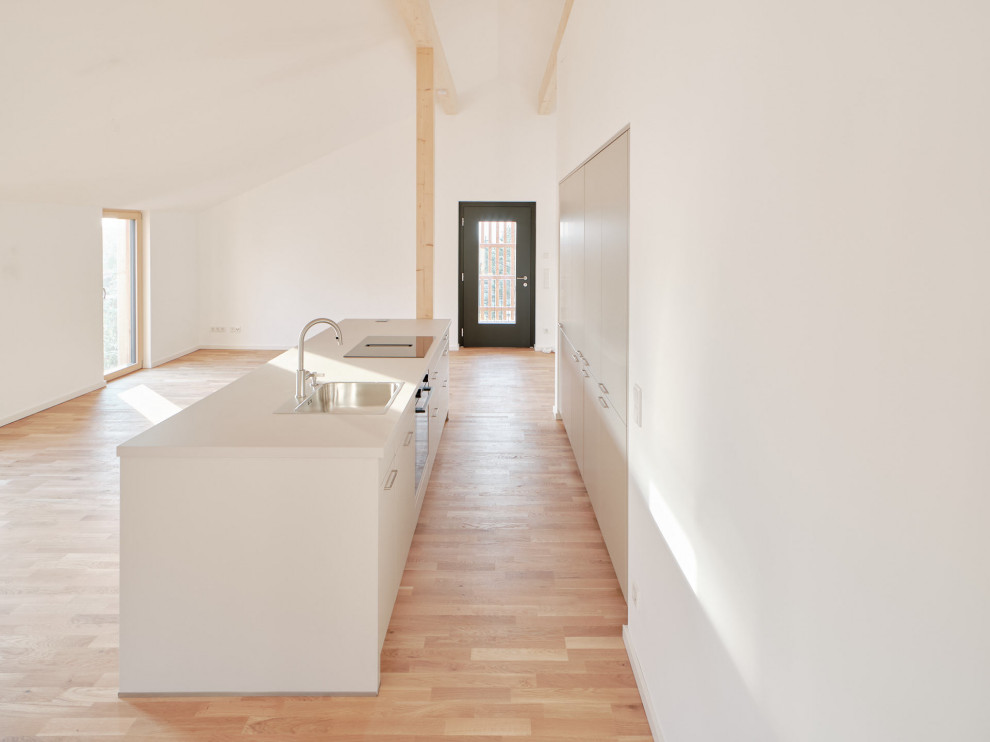 Zweizeilige, Große Moderne Wohnküche mit hellem Holzboden und Kücheninsel in Sonstige