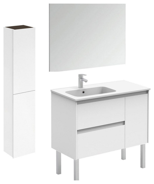 Ambra 90F Pack 2 Freestanding Bathroom Vanity w/ Mirror & Column in Matte White