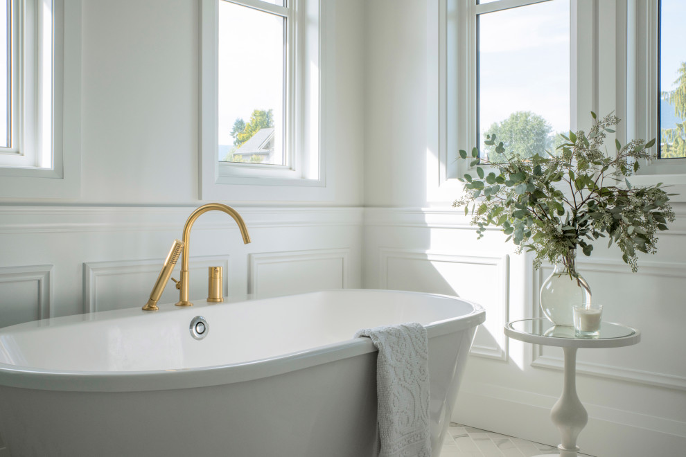 Freestanding bathtub - transitional porcelain tile, white floor and wainscoting freestanding bathtub idea in Vancouver with white walls