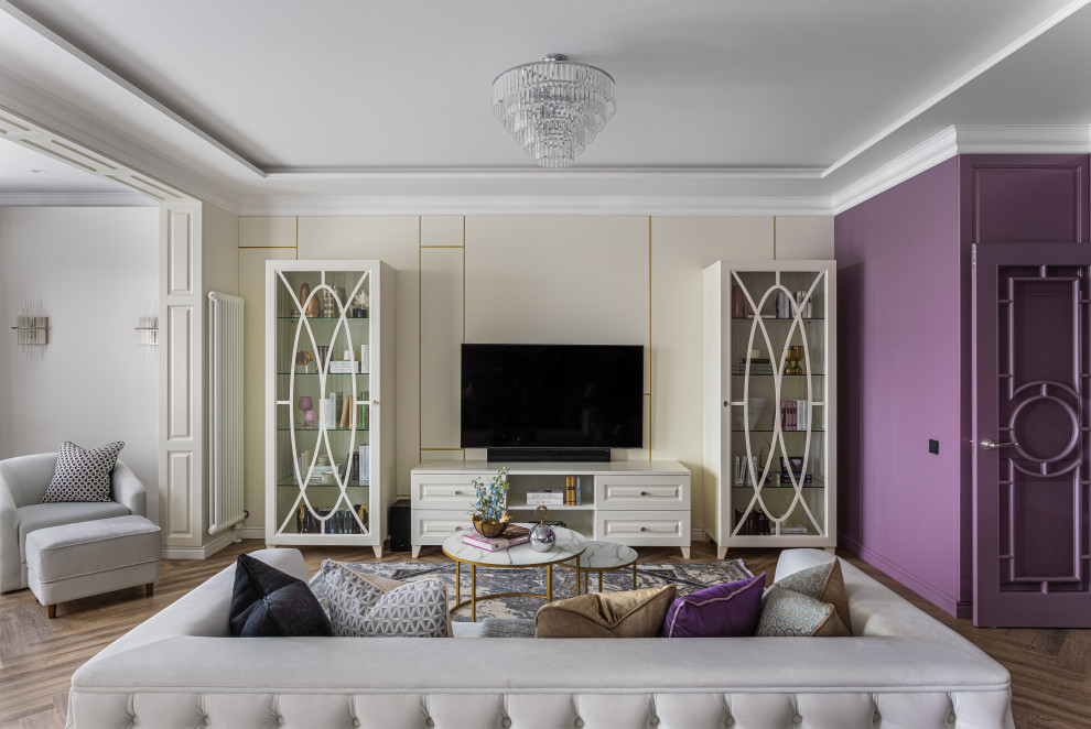 Design ideas for a large formal open concept living room in Moscow with multi-coloured walls, vinyl floors, a built-in media wall, brown floor, recessed and panelled walls.