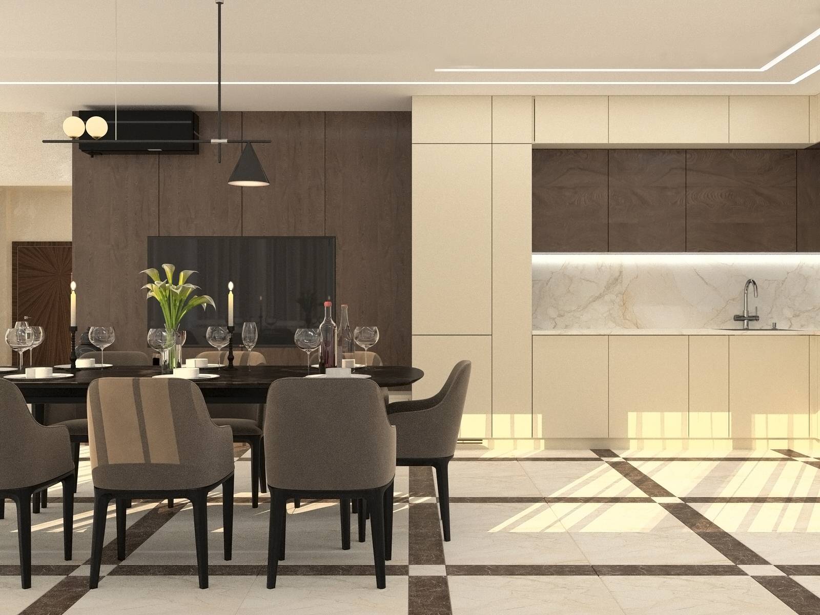 Гостиная и кухня в загородном доме