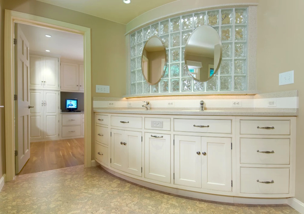This is an example of a large traditional master bathroom in Burlington with furniture-like cabinets, white cabinets, a corner shower, beige walls, cork floors, an undermount sink, engineered quartz benchtops, brown floor and an open shower.