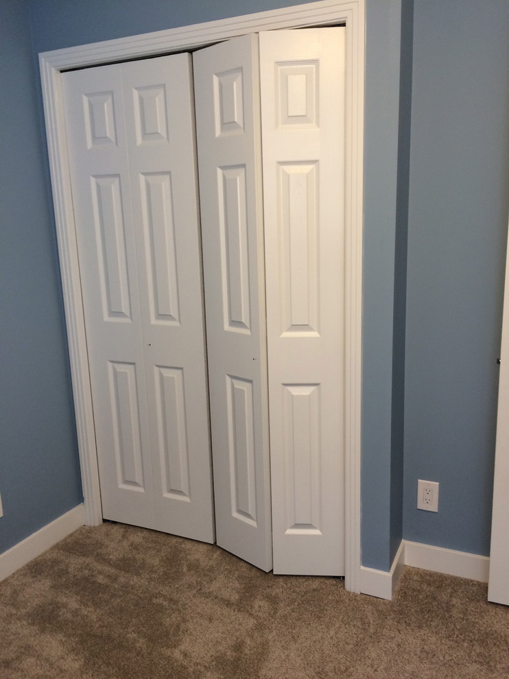 Example of a mid-sized transitional look-out carpeted and brown floor basement design in Calgary with gray walls and no fireplace