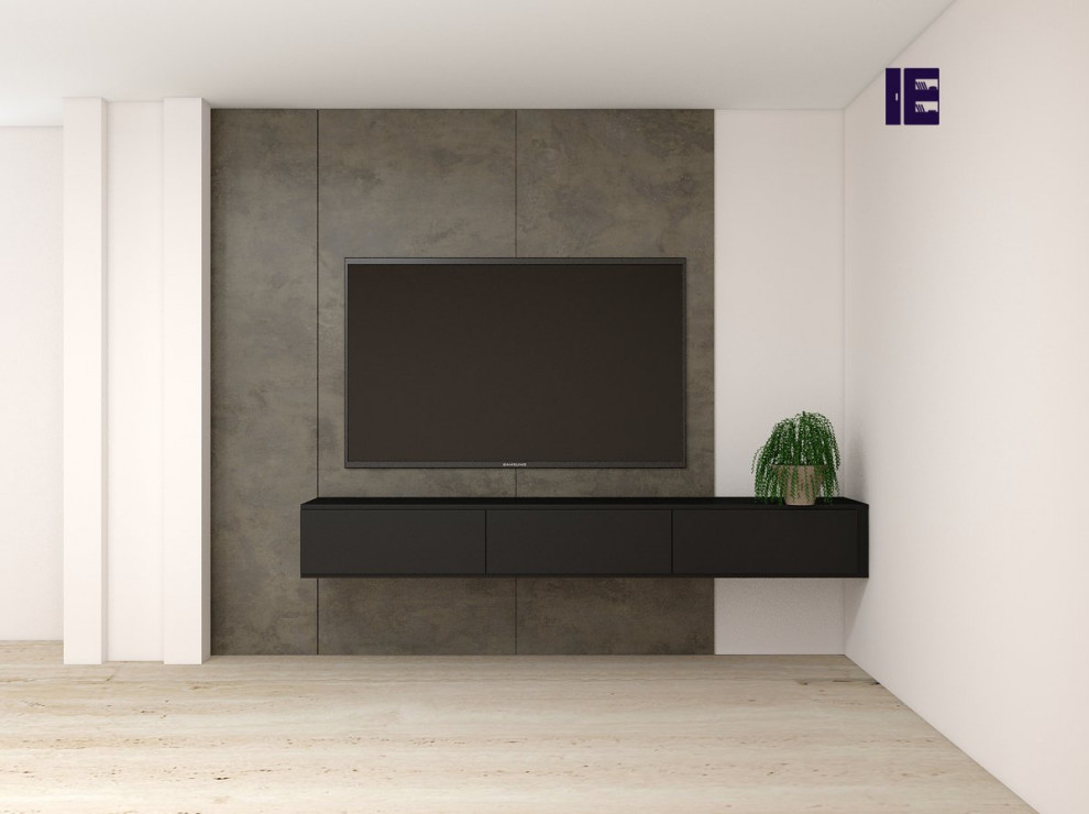 Example of a small minimalist enclosed home theater design in London with a wall-mounted tv