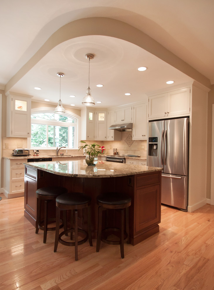 Kitchen - large contemporary kitchen idea in DC Metro with beaded inset cabinets, white cabinets, granite countertops, stainless steel appliances and an island