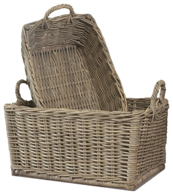Set of 2 Large Rattan Cane Storage Baskets Laundry with Handles Gray 25