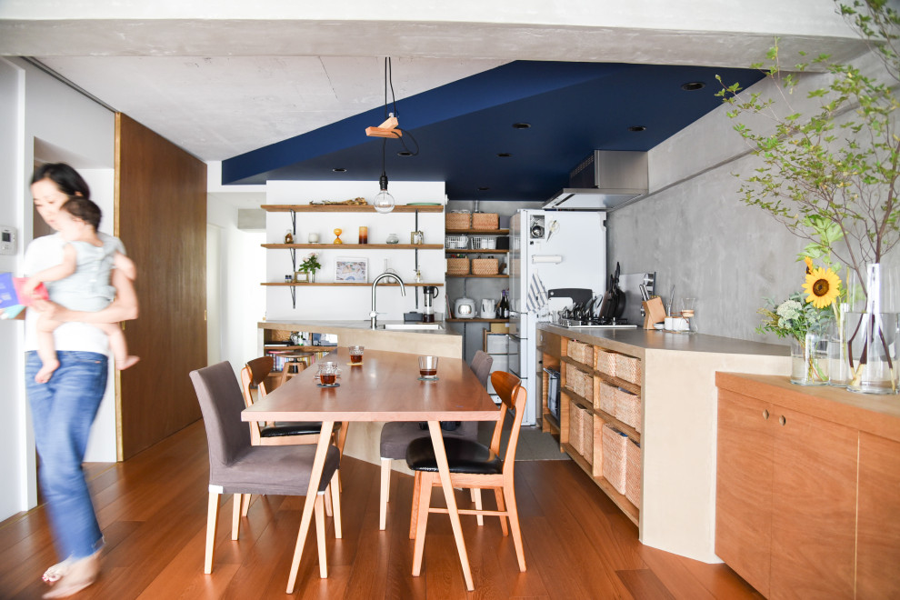 東京23区にあるコンテンポラリースタイルのおしゃれなキッチン (シングルシンク、オープンシェルフ、白い調理設備、無垢フローリング) の写真