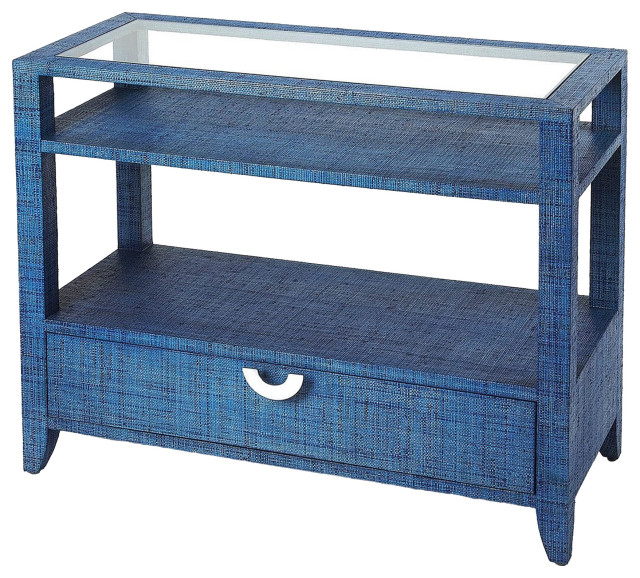 Amelle Rectangular Blue Raffia Glass Topped Console Table with Storage ...