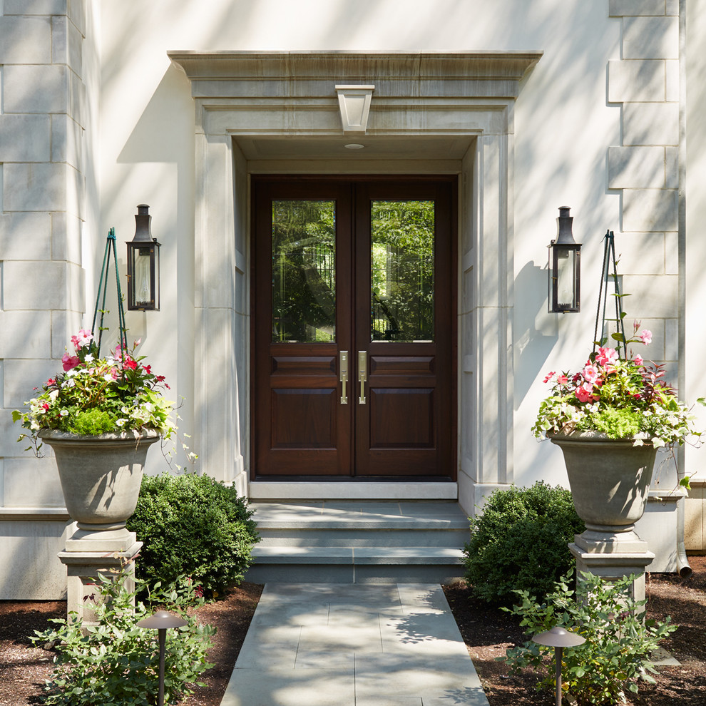 Inspiration for a traditional front door in Chicago with a double front door and a dark wood front door.