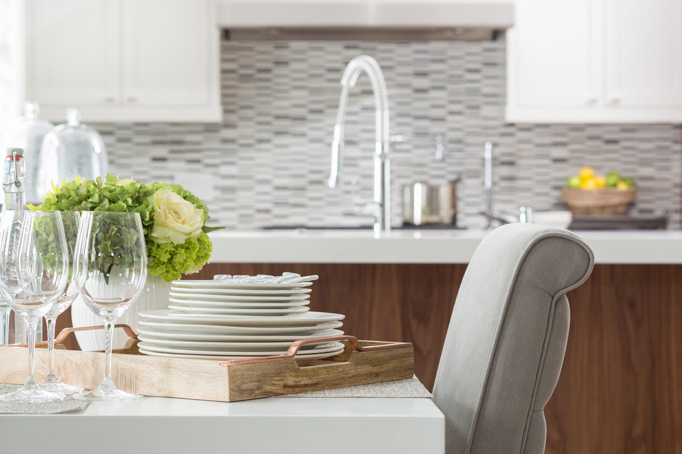 Inspiration for a large transitional vinyl floor open concept kitchen remodel in Calgary with gray walls