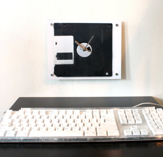 Clock Floppy Disk Old School Flat Black White and by blueorder