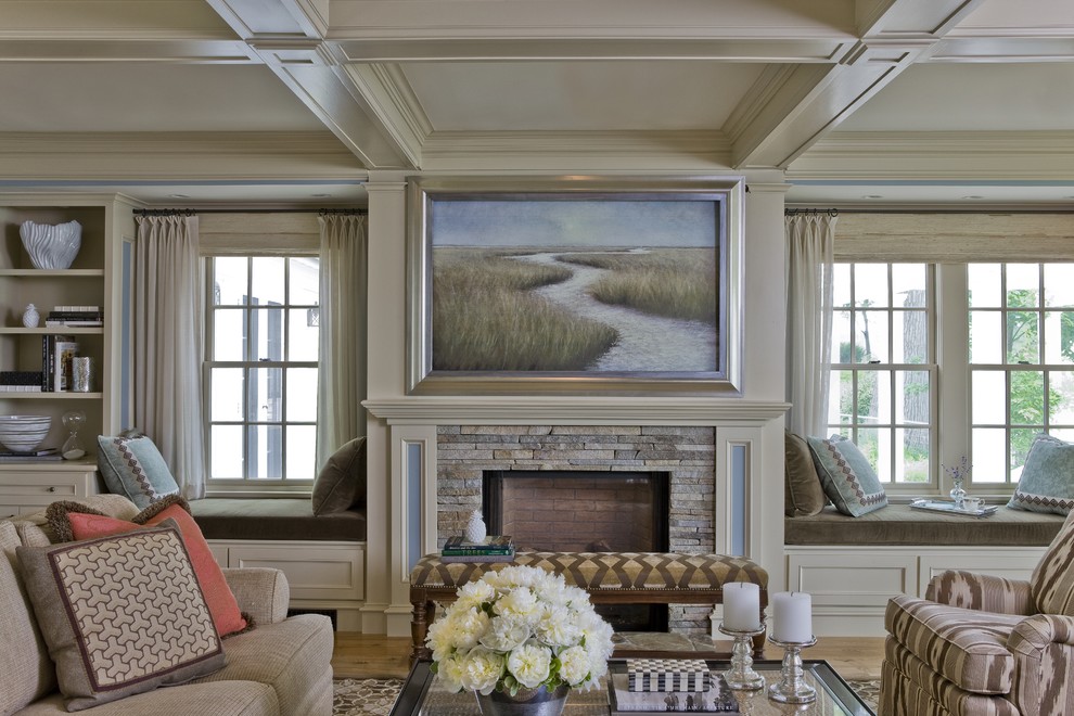 Design ideas for a large traditional formal living room in Boston with beige walls, a standard fireplace and no tv.