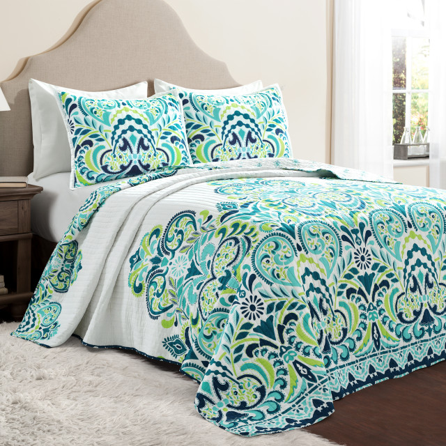 Clara Quilt Blue/Green 3Pc Set King, King Contemporary Quilts And
