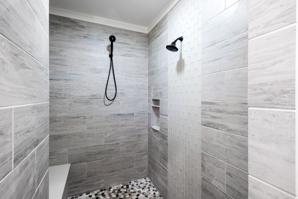Inspiration for a mid-sized arts and crafts master wet room bathroom in Other with an open shower, recessed-panel cabinets, white cabinets, a freestanding tub, beige tile, glass tile, beige walls, ceramic floors, an undermount sink, granite benchtops, beige floor and multi-coloured benchtops.