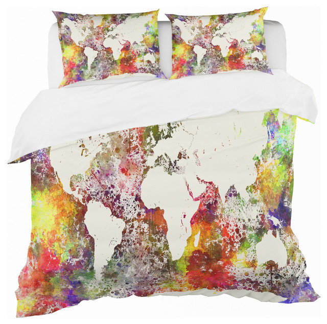 World Map In Great Colors Watercolor, World Map Duvet Cover Twin