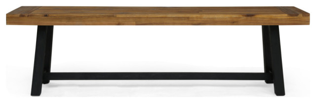 Raphael Outdoor Acacia Wood Bench, Sandlblast Teak Finish/Black, Single