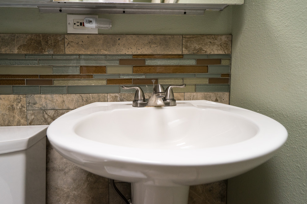 Sierra Mesa Pedestal Sink and Bathroom Tile Walls Southwestern
