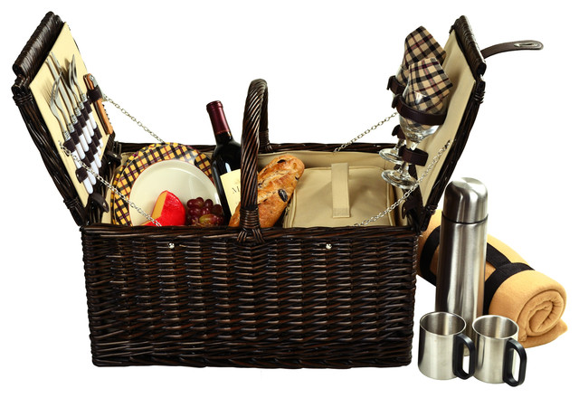 Surrey Picnic Basket With Blanket and Coffee Set, Brown Wicker/London Plaid
