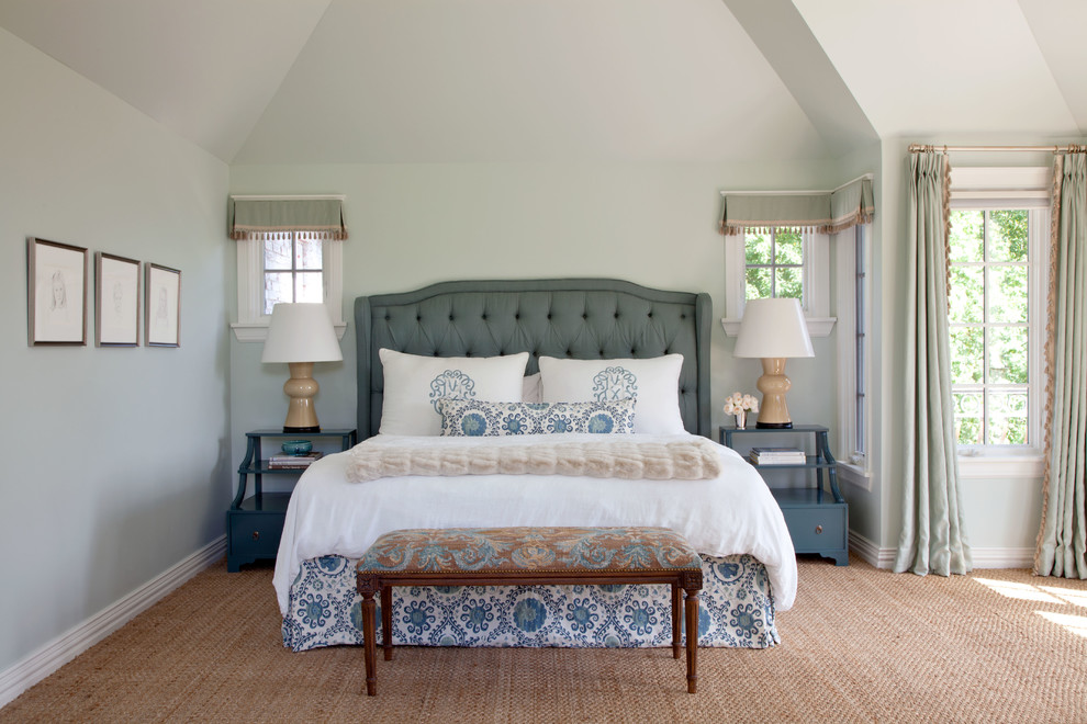 Bedroom - large transitional master carpeted bedroom idea in Denver with green walls and no fireplace