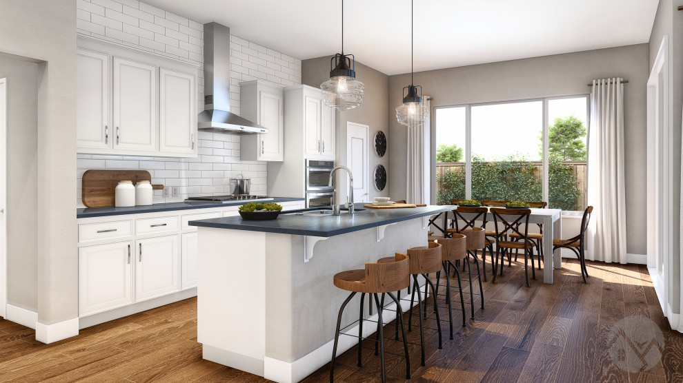 Design ideas for a mid-sized modern single-wall eat-in kitchen with a double-bowl sink, beaded inset cabinets, white cabinets, marble benchtops, white splashback, ceramic splashback, stainless steel appliances, medium hardwood floors, with island, brown floor, grey benchtop and wallpaper.
