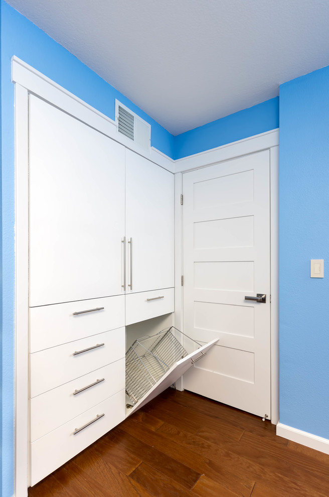 Design ideas for a modern storage and wardrobe in San Francisco with recessed-panel cabinets.