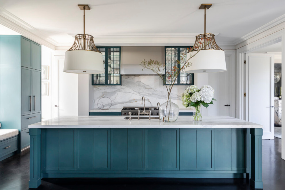 Inspiration for a transitional l-shaped separate kitchen in Sydney with an undermount sink, shaker cabinets, turquoise cabinets, white splashback, stone slab splashback, stainless steel appliances, dark hardwood floors, with island, black floor and white benchtop.