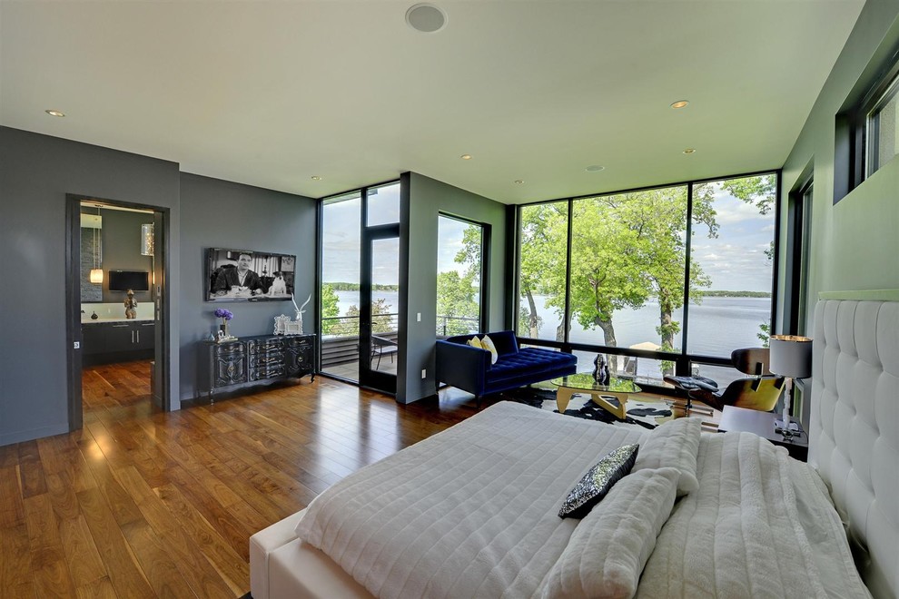 Photo of a contemporary bedroom in Minneapolis with blue walls and medium hardwood floors.