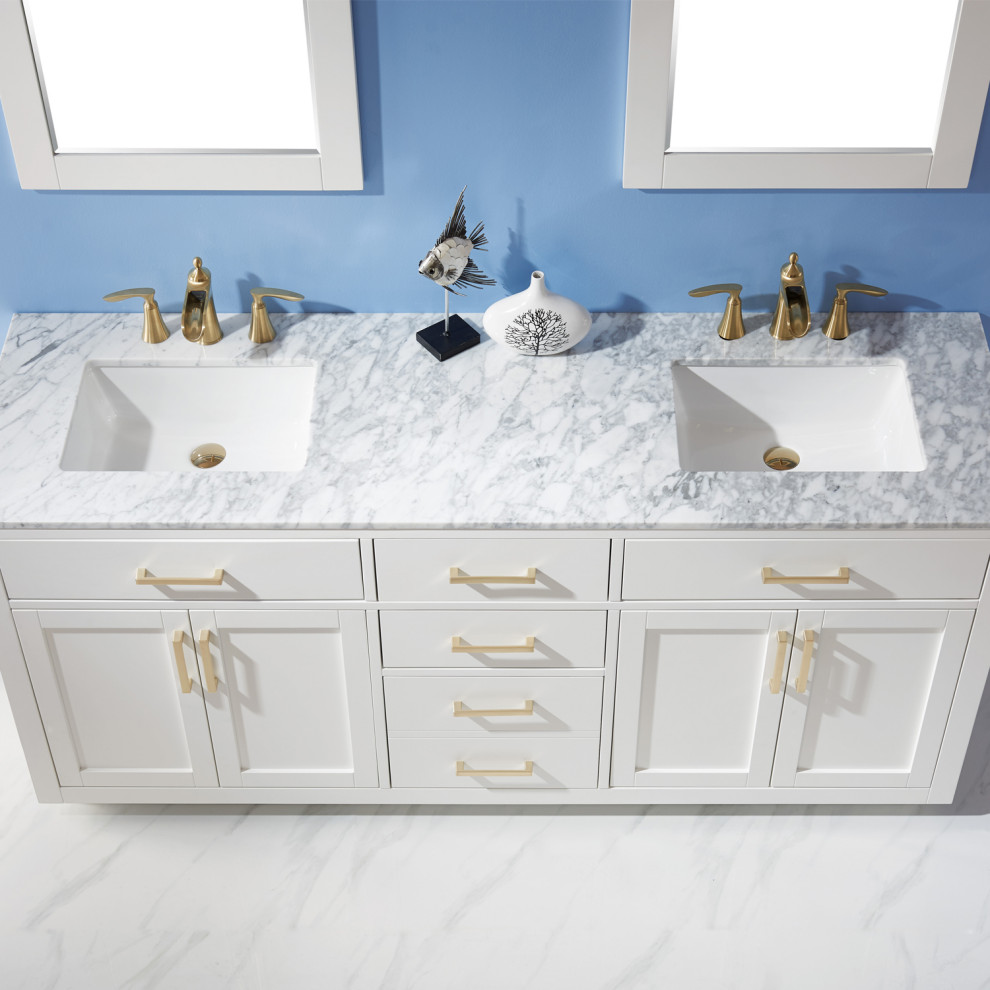 Design ideas for a large contemporary bathroom in Austin with marble benchtops, a double vanity and a freestanding vanity.