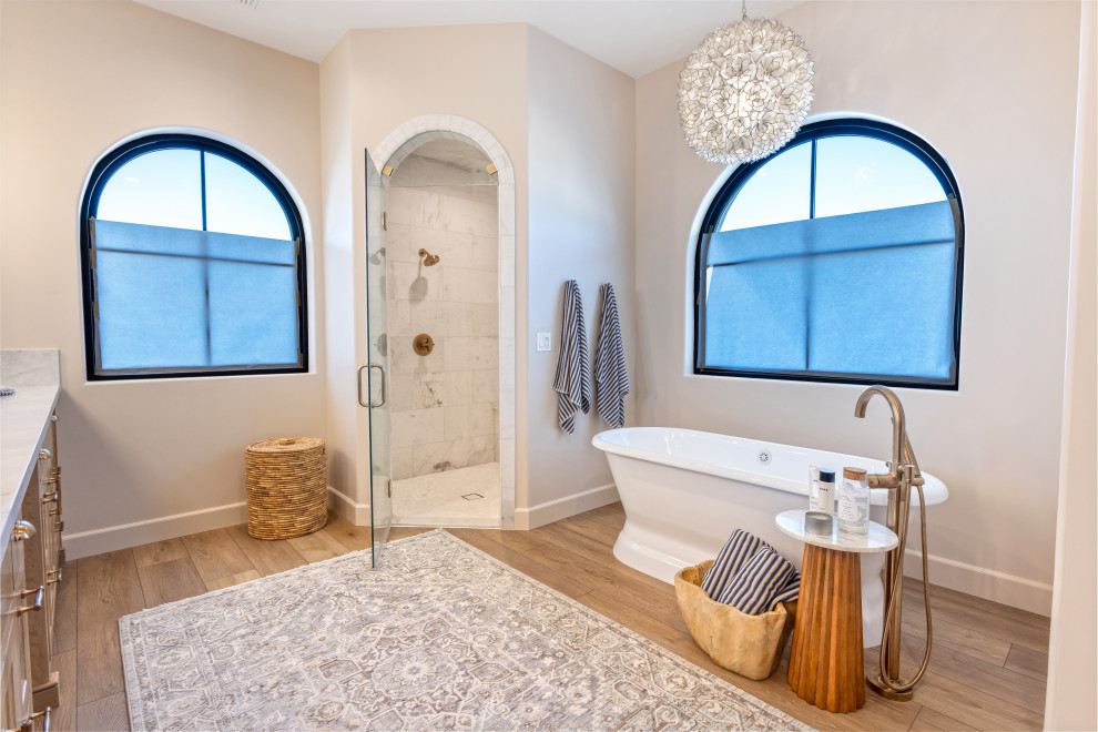 Primary Bath Double Vanity and Arched Windows | Tuscan Farmhouse