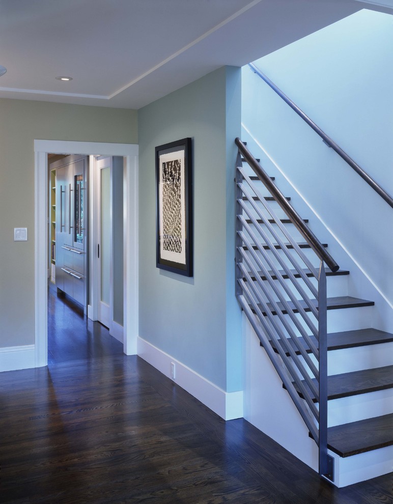 This is an example of a mid-sized contemporary wood straight staircase in San Francisco with painted wood risers.