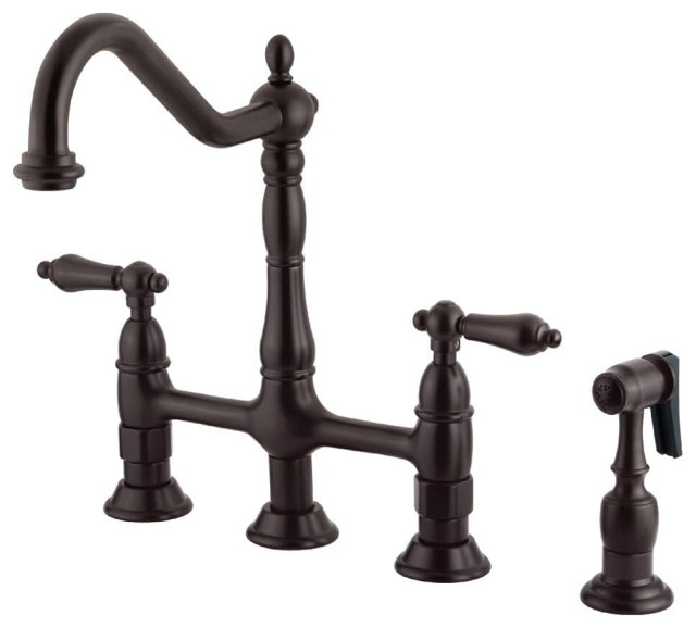 Traditional Arched Kitchen Faucet, 2 Handles & Side Sprayer, Oil-Rubbed Bronze