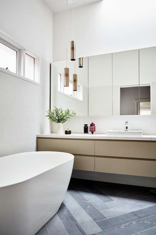 Gray Herringbone Elegance: Contemporary Master Bathroom Makeover Ideas