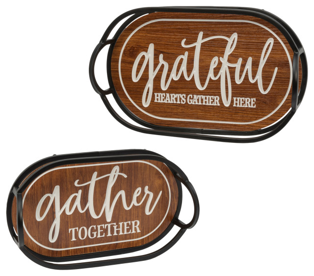 Set of 2 Assorted metal frame Brown Trays with white engraved wood