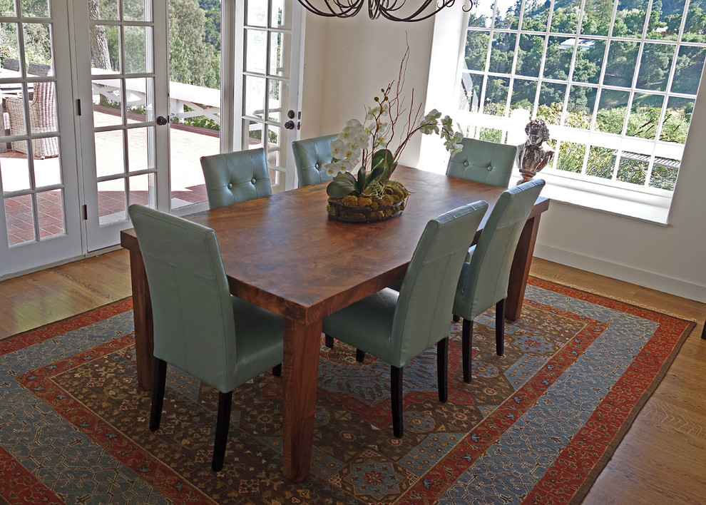 Mid-sized traditional separate dining room in San Francisco with white walls, laminate floors and brown floor.