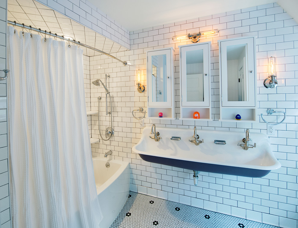 Inspiration for a large transitional kids bathroom in New York with a trough sink, an alcove tub, a shower/bathtub combo, white tile, subway tile, white walls and mosaic tile floors.