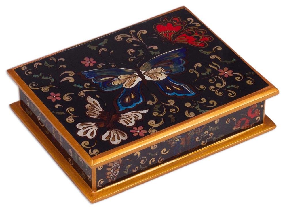 Novica Night Flutters Painted Glass Jewelry Box - Traditional