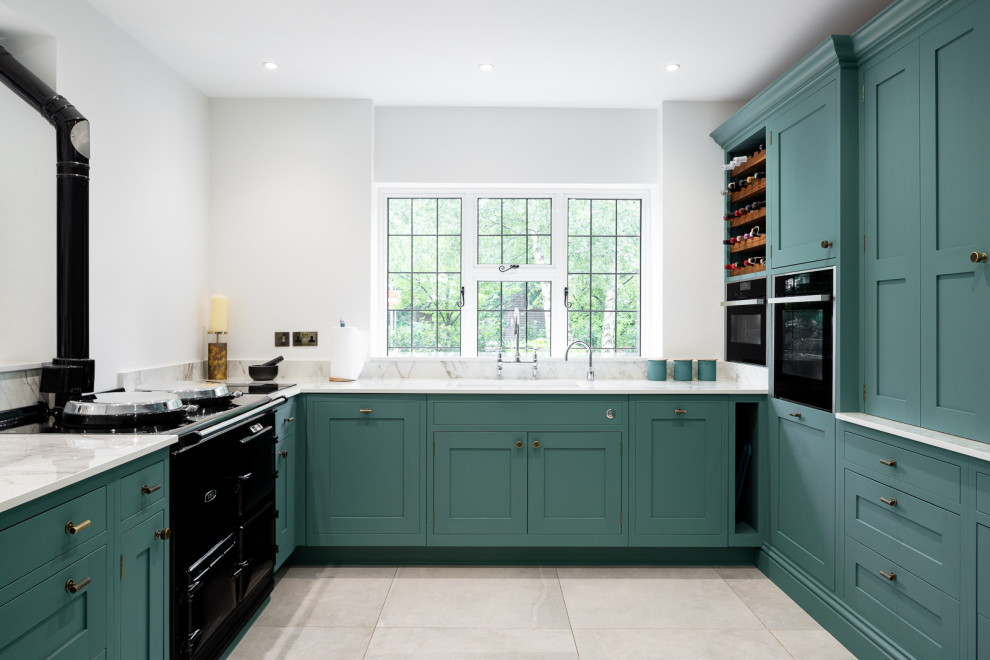 Design ideas for a classic grey and teal kitchen in Hertfordshire.