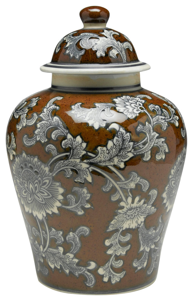 Brown And Gray Floral 10" Ginger Jar Asian Decorative Jars And Urns