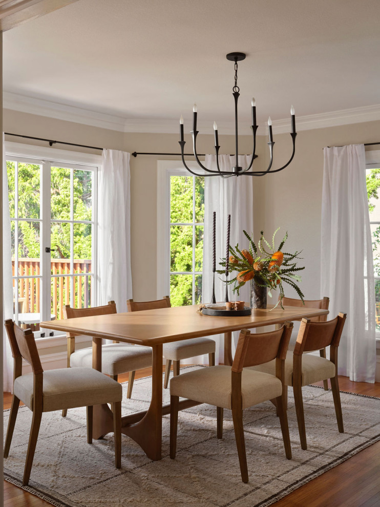 Example of a transitional medium tone wood floor and brown floor dining room design in San Francisco with beige walls