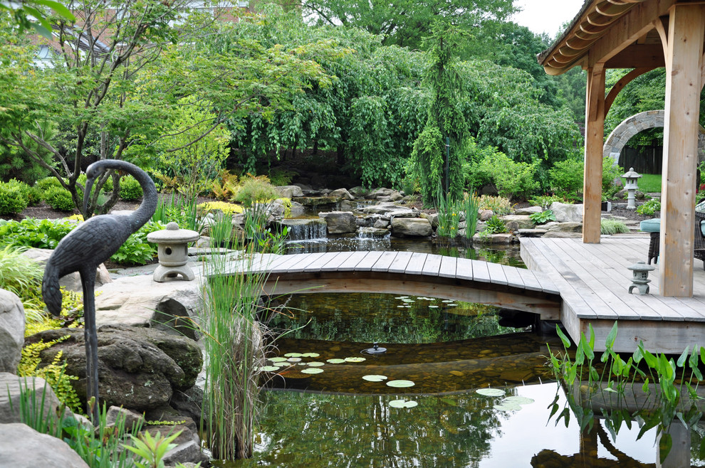 Asian garden in Baltimore with a water feature.