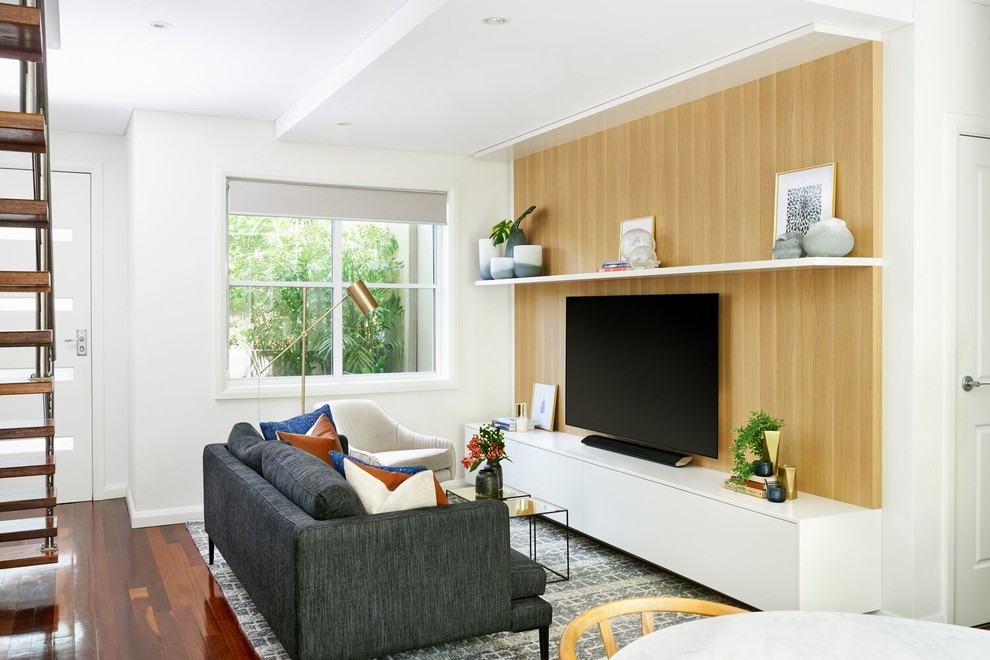 Design ideas for a small modern living room in Sydney.