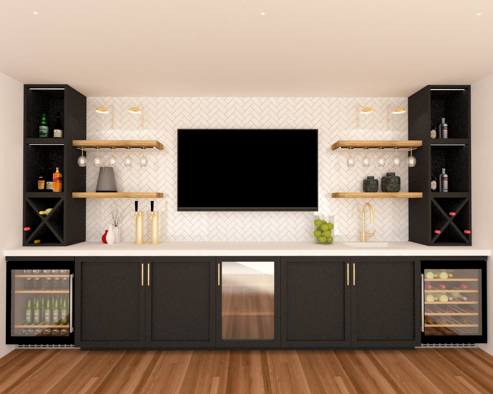 Imagen de bar en casa con fregadero lineal minimalista con fregadero integrado, puertas de armario negras, suelo marrón y encimeras blancas