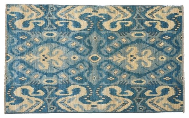 Oriental Rug, 4'X6' Hand Knotted Ikat Uzbek Design 100% Wool Sky Blue Rug